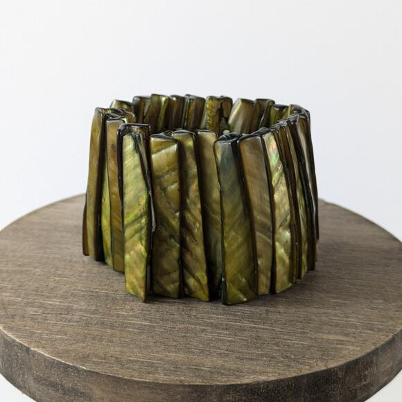 Vintage Abalone Shell Stretch Cuff Bracelet Green Pearlescent Iridsecent Natural - Picture 4 of 8
